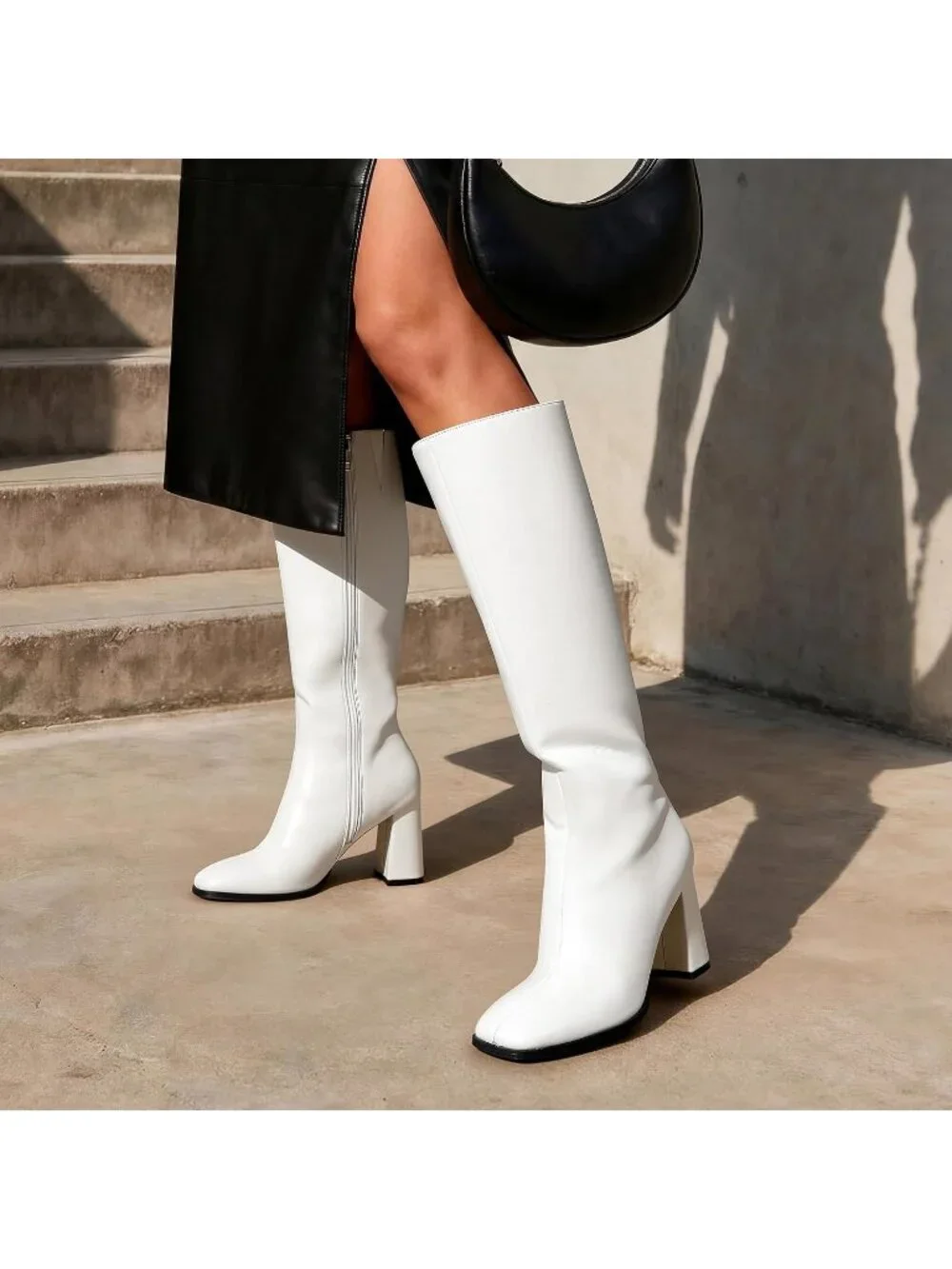 Women's White Pu Chunky Block Heeled Square Toe Side Zipper Knee High Boots
